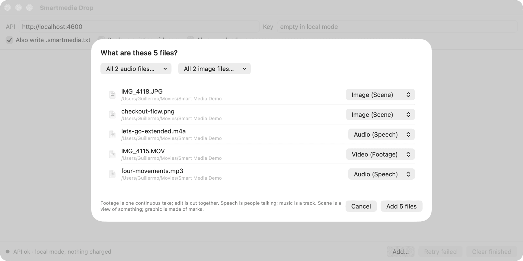 The Smartmedia Drop window asking what five dropped files are, with a dropdown per file